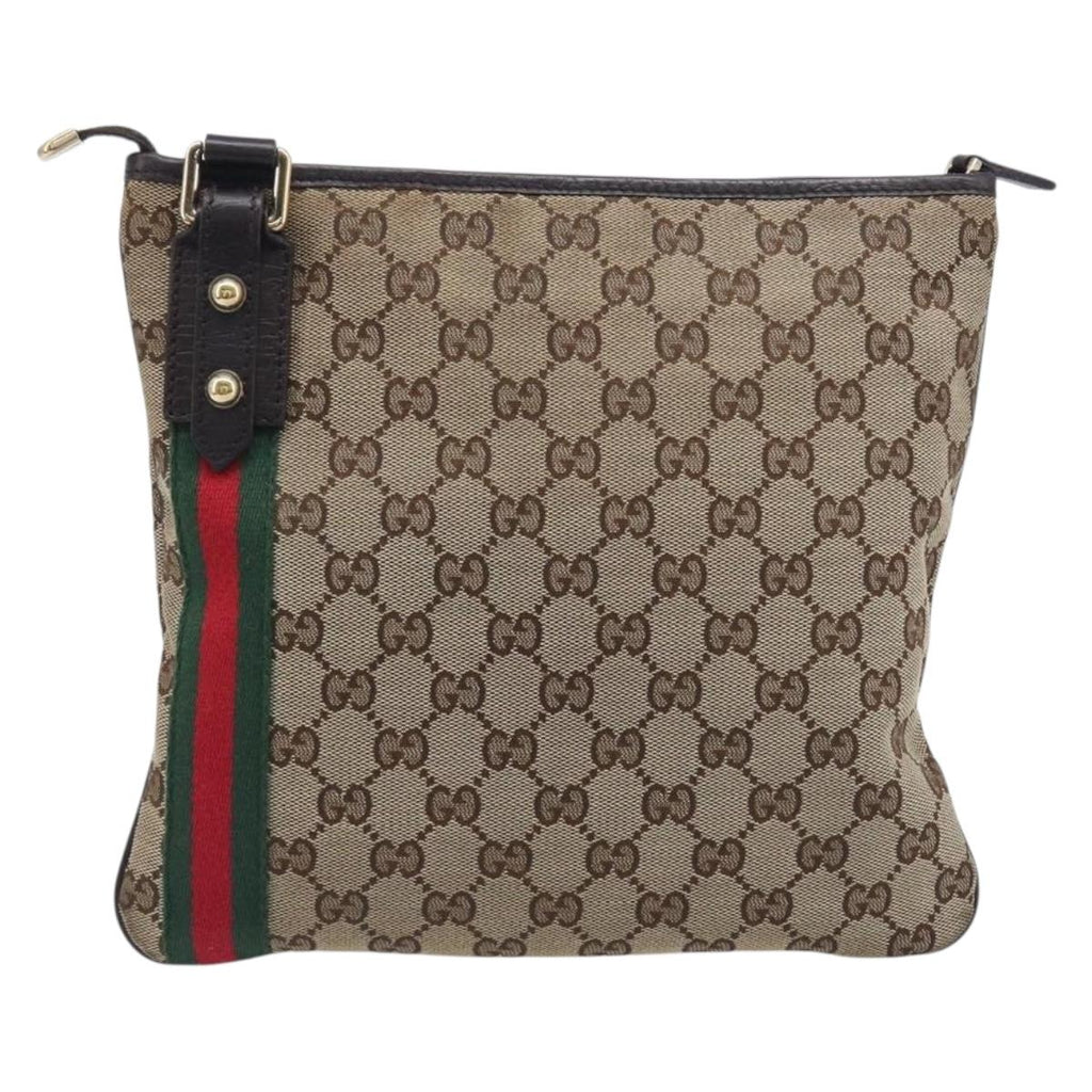 GUCCI GG Canvas Web Sherry Line Shoulder Bag Beige Gold 144388 Auth 213011A