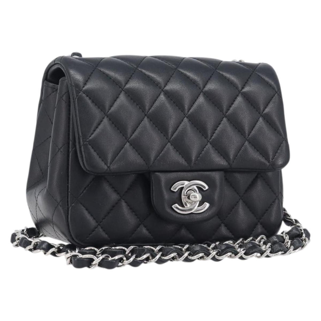 CHANEL Mini Matelasse 18 Chain Bag Lamb Skin Black Silver CC Auth 213019SM