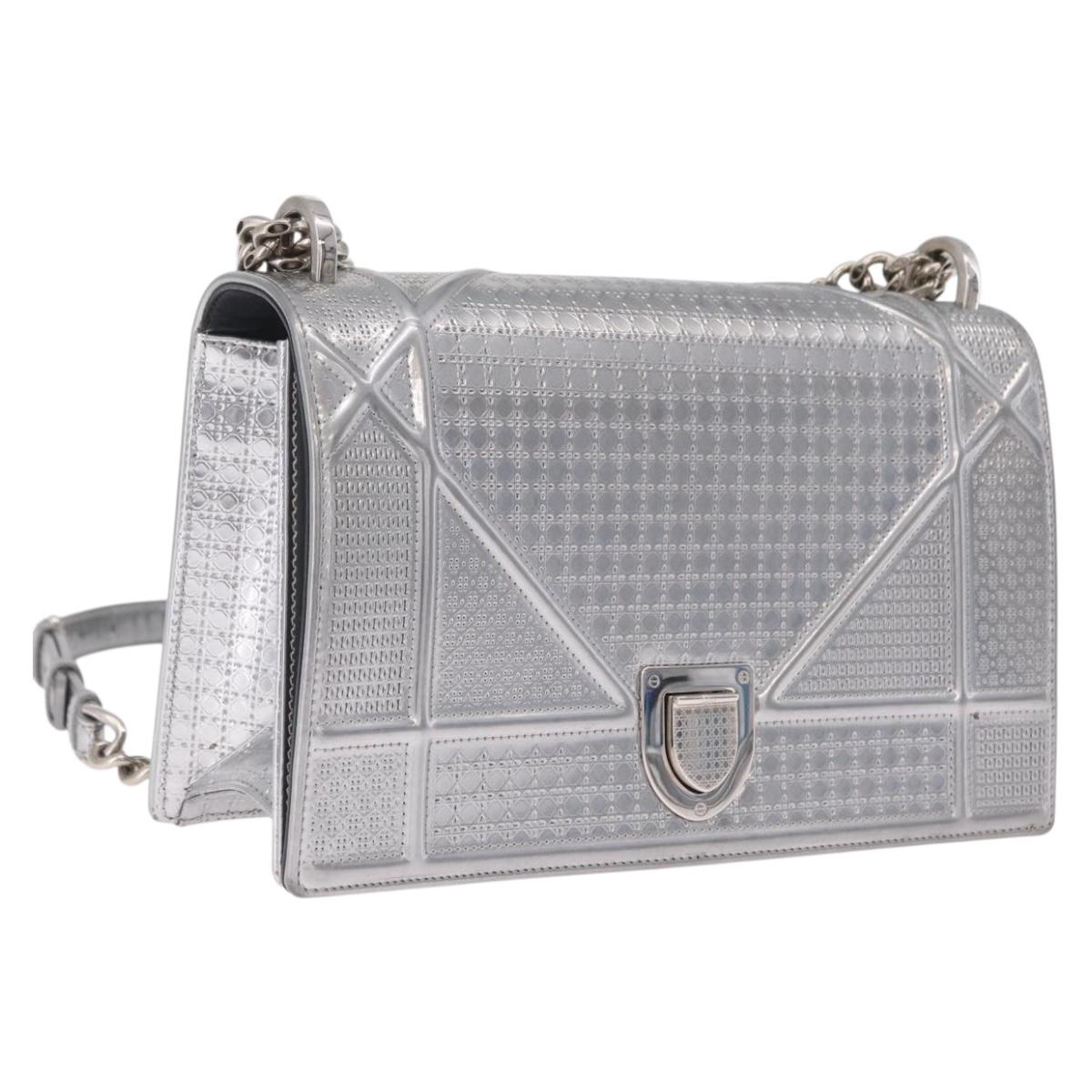 Christian Dior Diorama Chain Shoulder Bag Patent leather Silver Auth 213155V