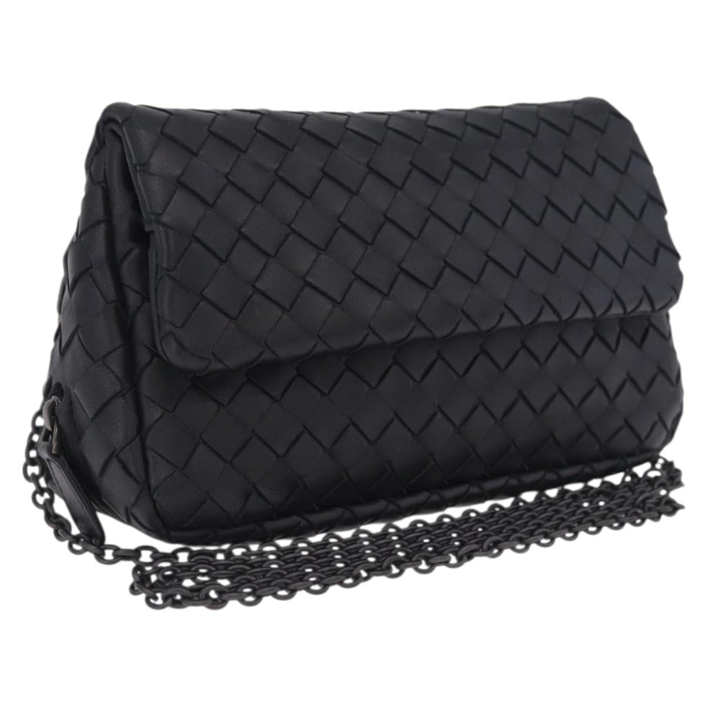 Bottega Veneta INTRECCIATO Chain Shoulder Bag Leather Black Auth 213156M