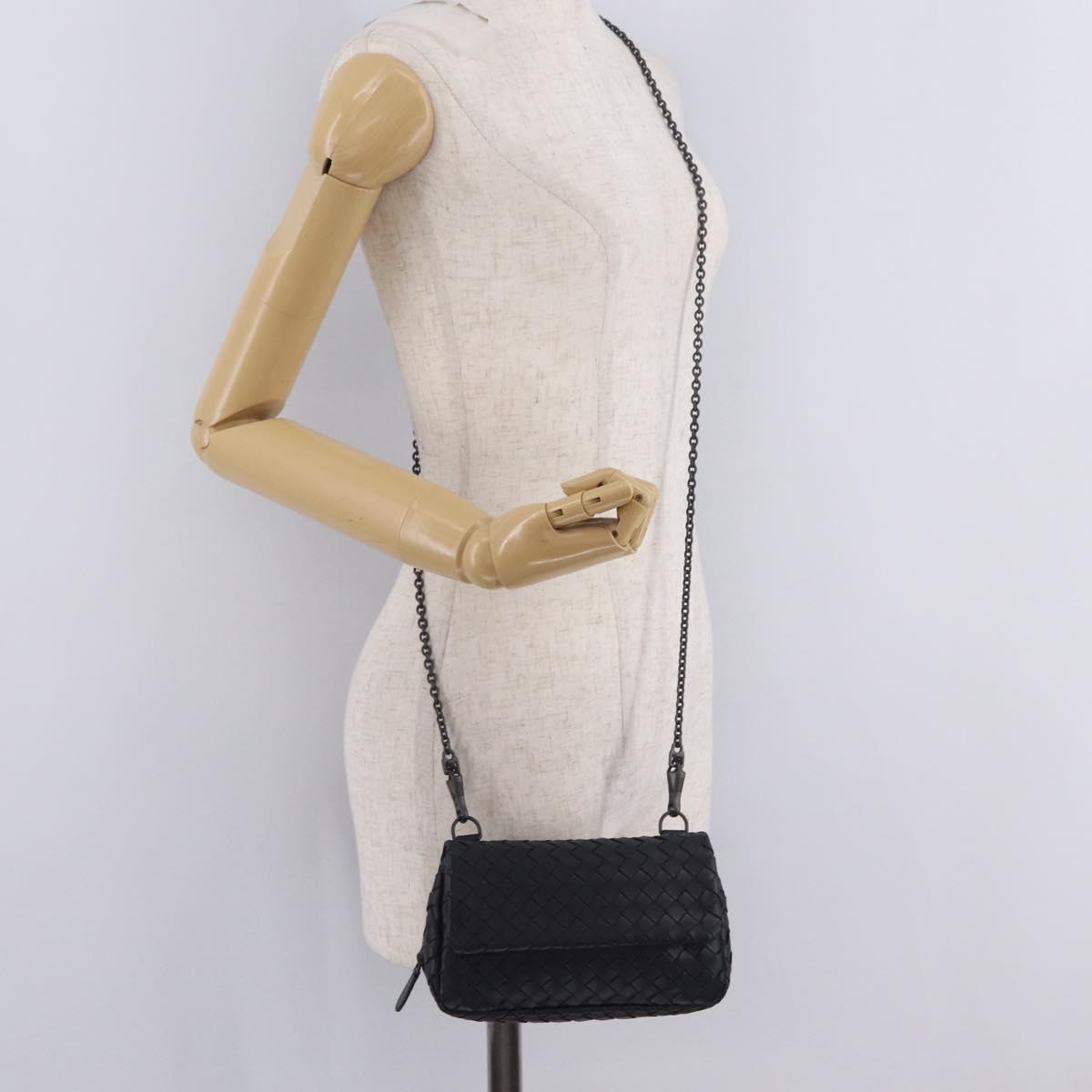 Bottega Veneta INTRECCIATO Chain Shoulder Bag Leather Black Auth 213156M