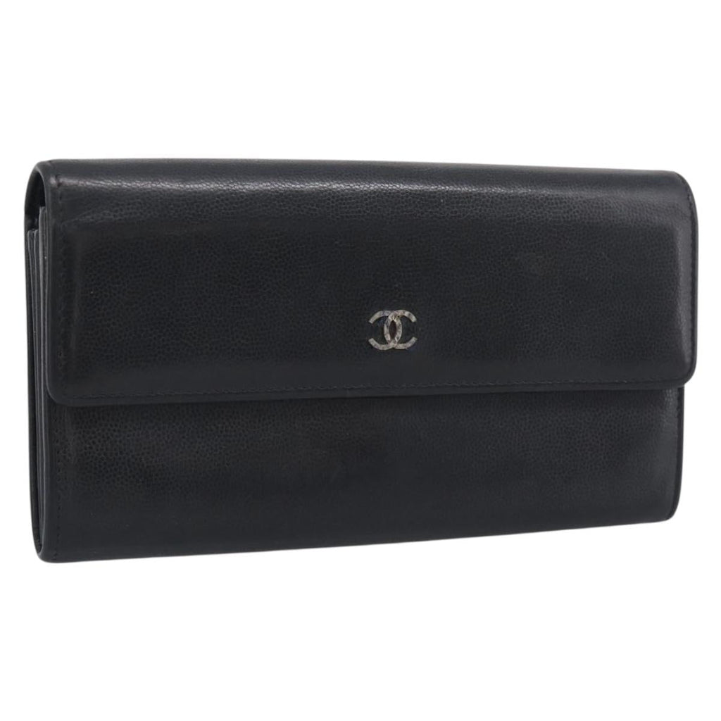 CHANEL Long Wallet Leather Black Silver CC Auth 213365