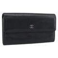 CHANEL Long Wallet Leather Black Silver CC Auth 213365