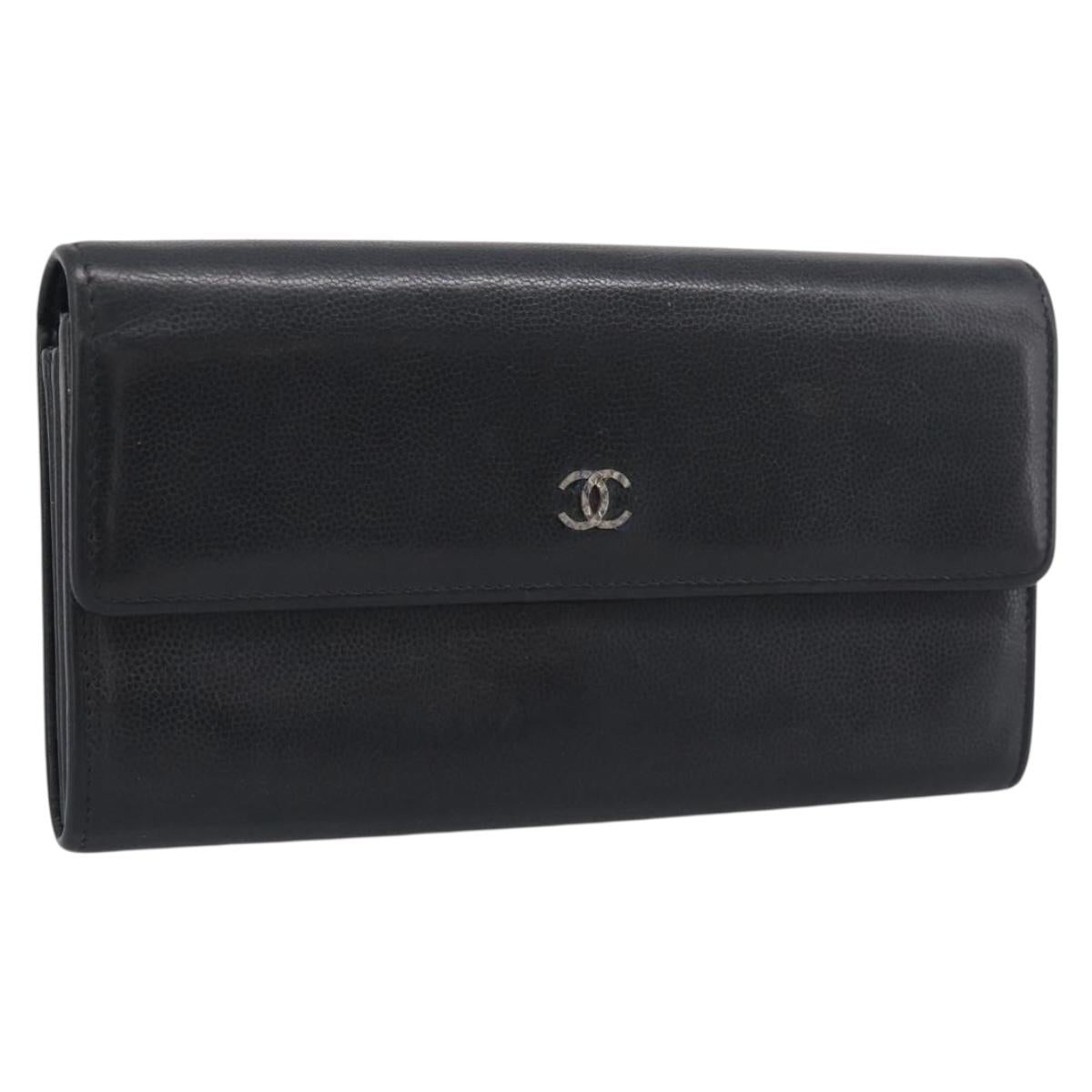 CHANEL Long Wallet Leather Black Silver CC Auth 213365