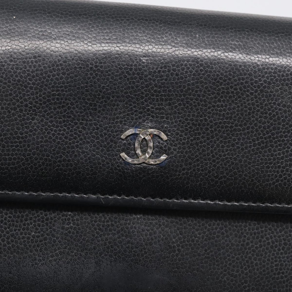 CHANEL Long Wallet Leather Black Silver CC Auth 213365