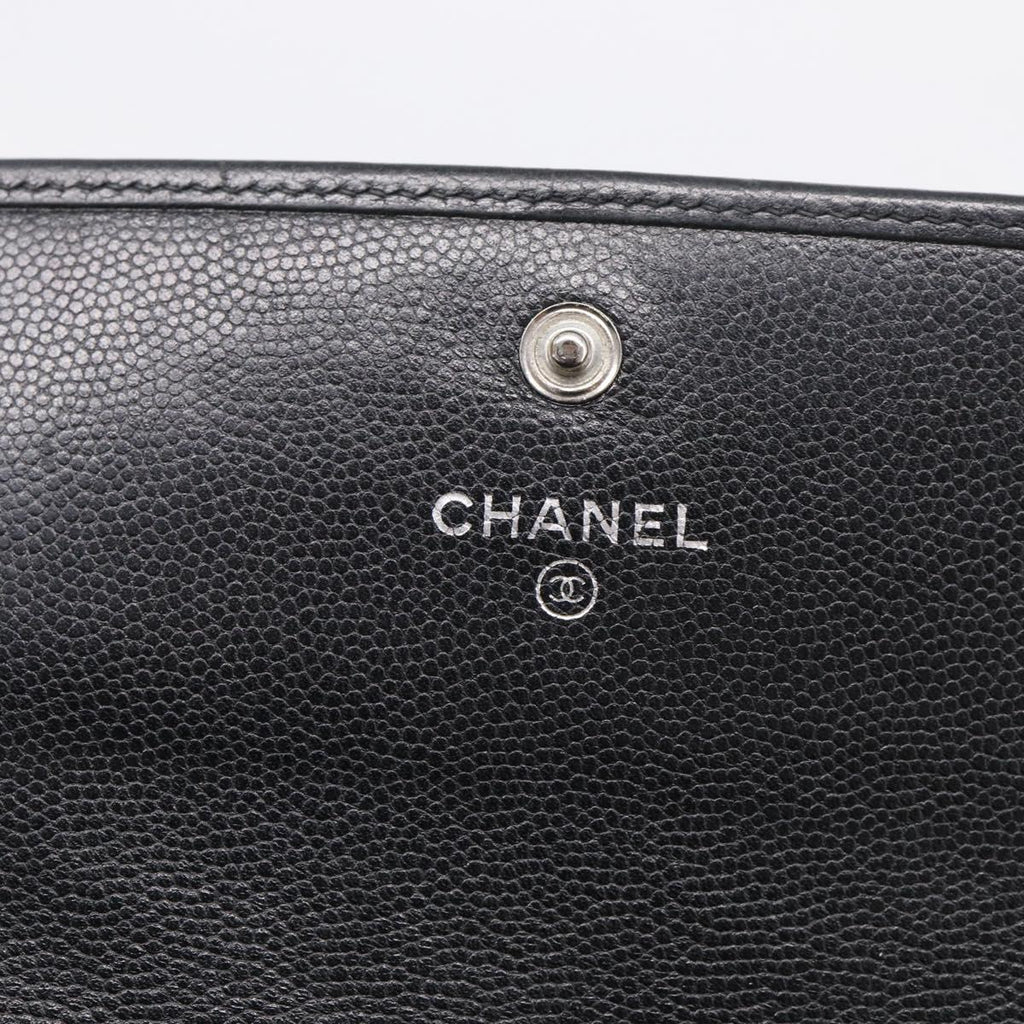 CHANEL Long Wallet Leather Black Silver CC Auth 213365