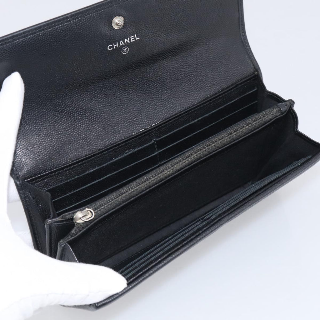 CHANEL Long Wallet Leather Black Silver CC Auth 213365