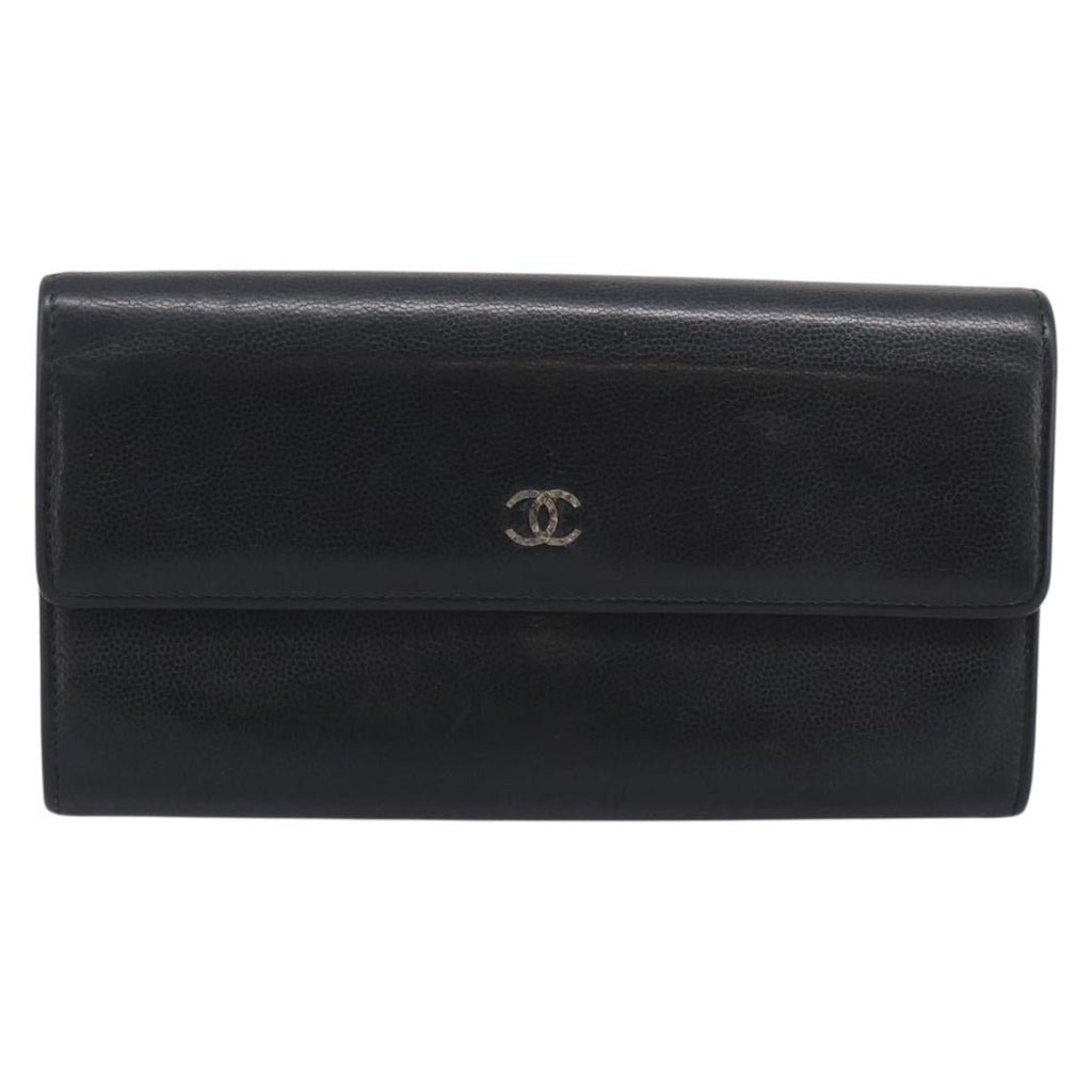 CHANEL Long Wallet Leather Black Silver CC Auth 213365