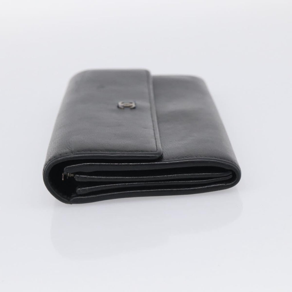 CHANEL Long Wallet Leather Black Silver CC Auth 213365