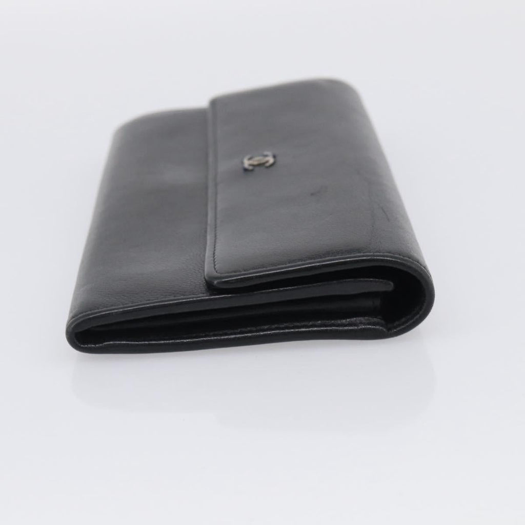 CHANEL Long Wallet Leather Black Silver CC Auth 213365