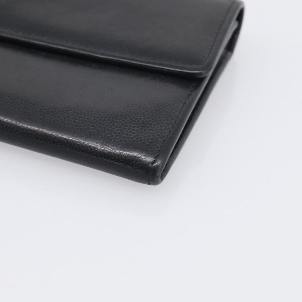 CHANEL Long Wallet Leather Black Silver CC Auth 213365