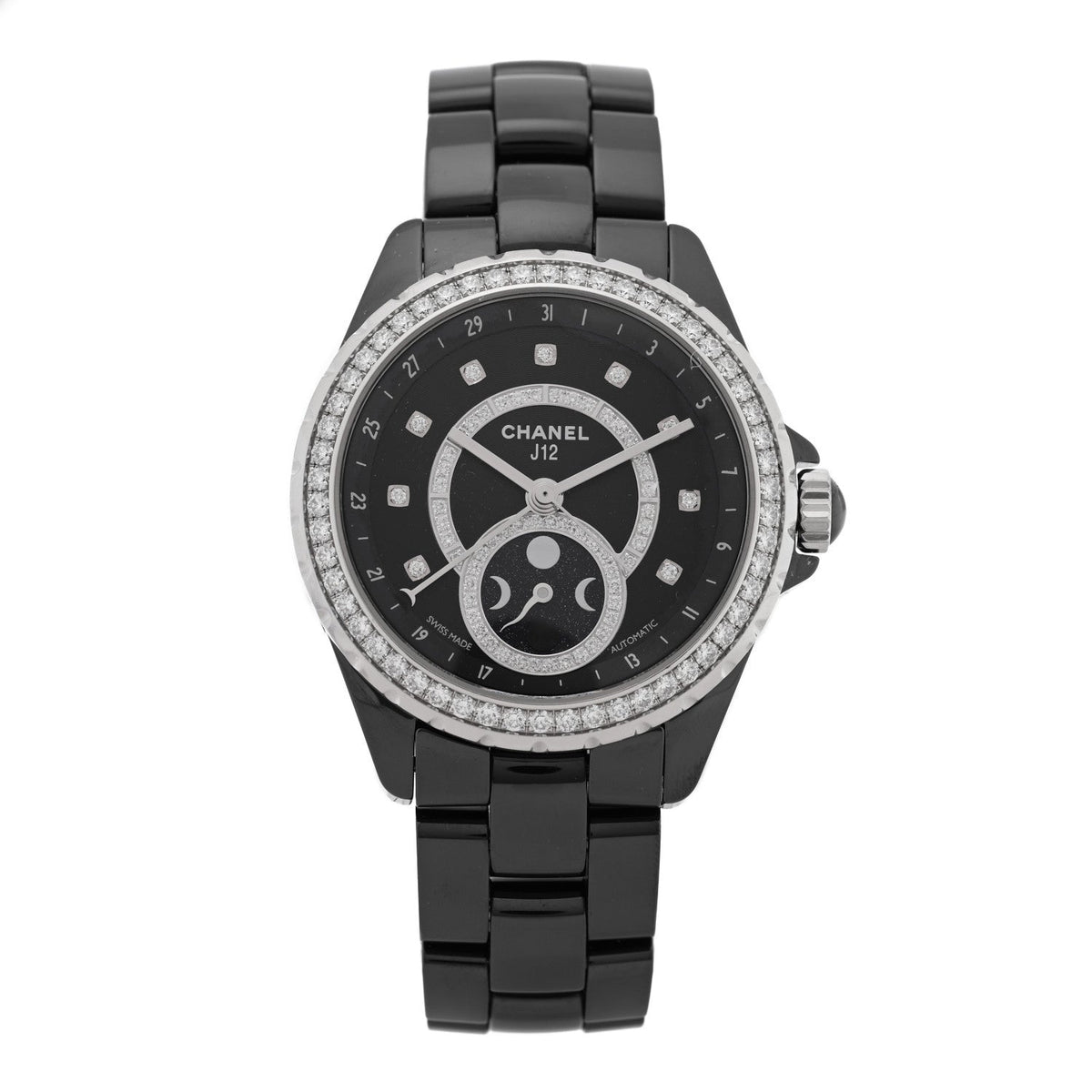 Stainless Steel Ceramic Diamond 38mm J12 Moon Phase Automatic Watch Black