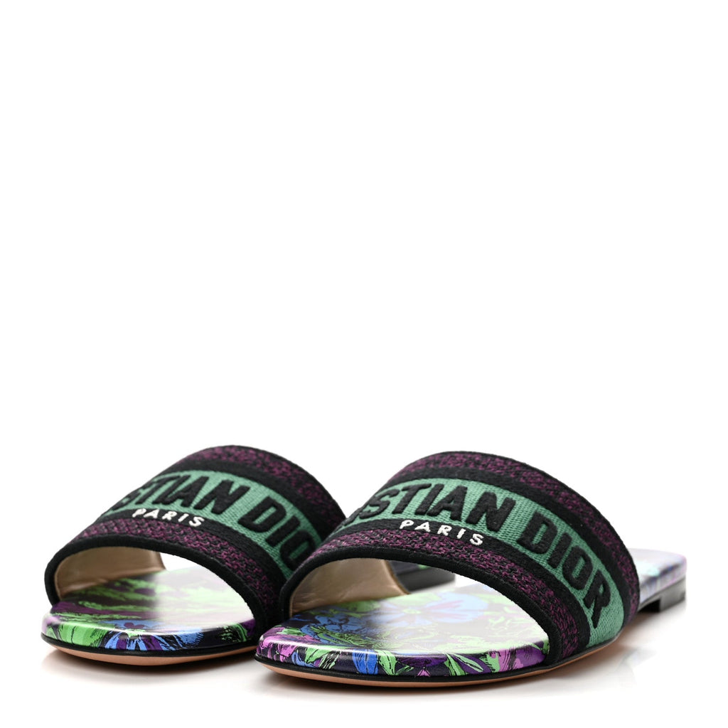 Canvas Toile de Jouy Voyage Embroidered Dway Flat Slide Sandals 36.5 Purple Multicolor