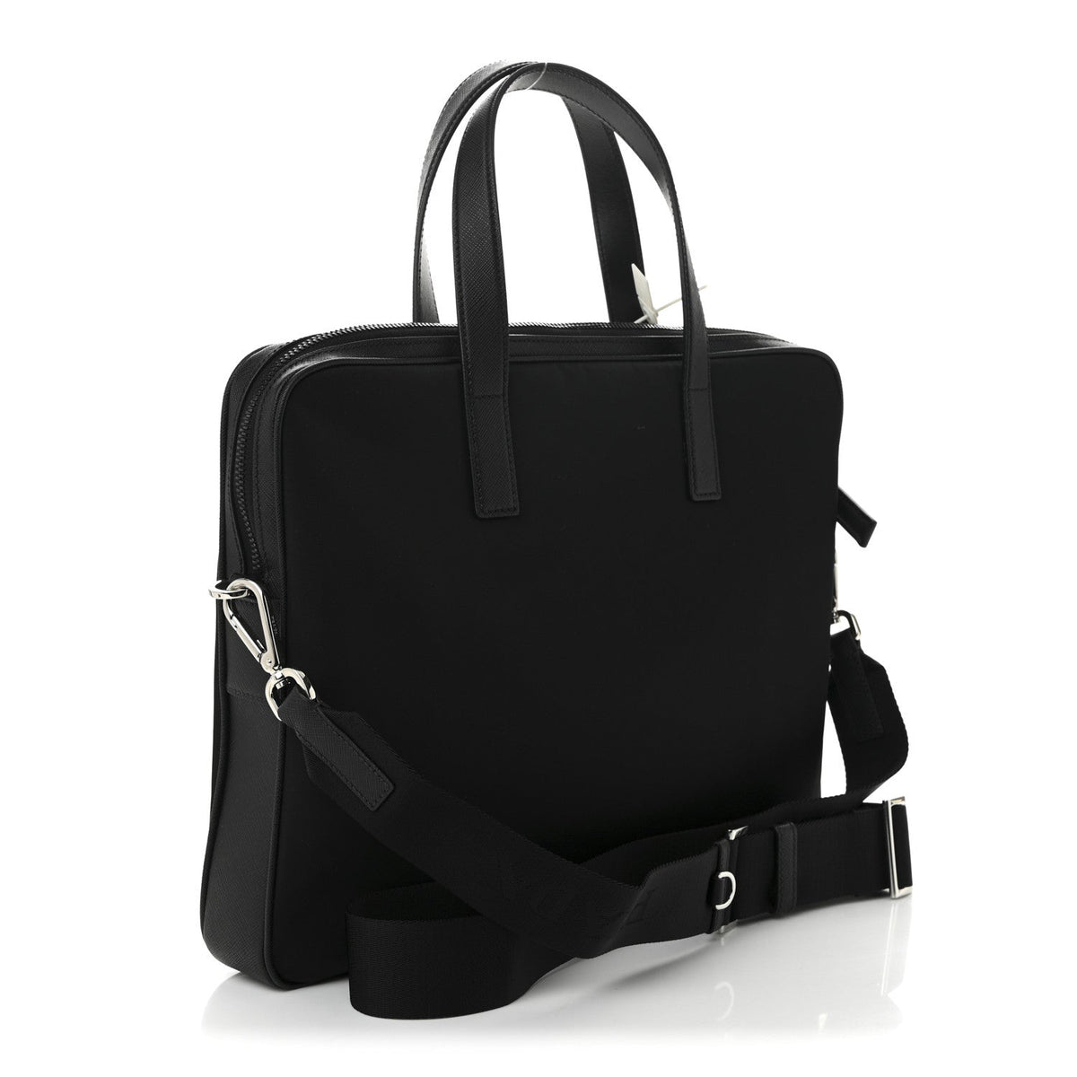 Re-Nylon Saffiano Metal Triangle Logo Briefcase Black