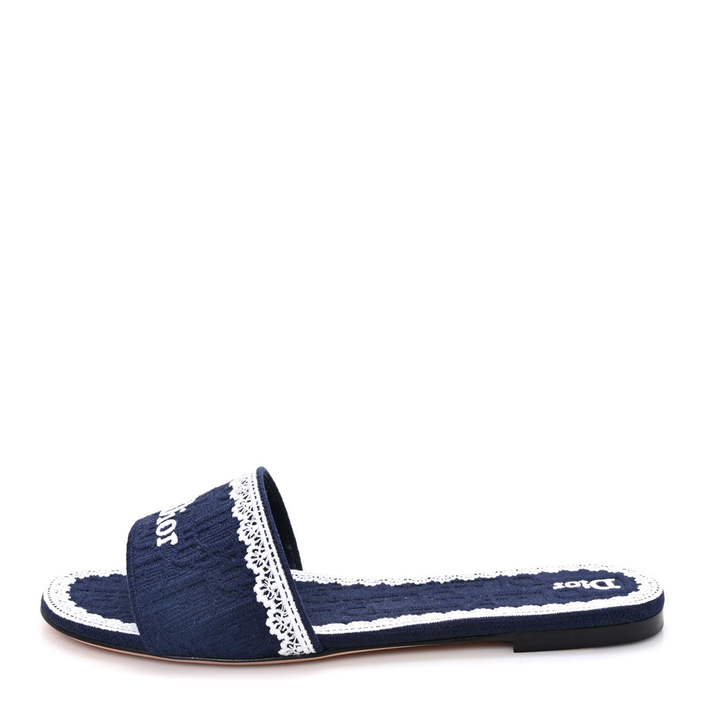 Oblique Embroidered Cotton Lace Dentelle Flat Slide Sandals 39 Navy Blue White