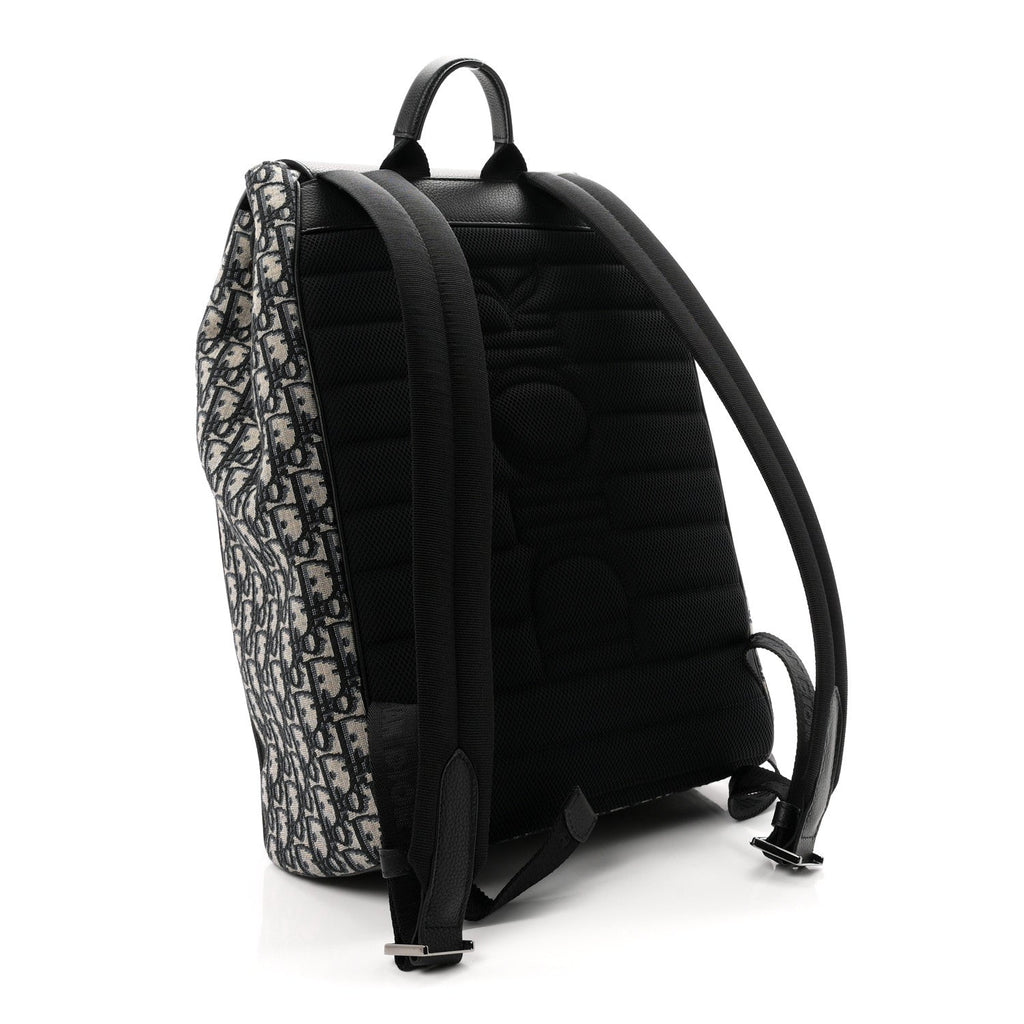 Oblique Jacquard Grained Calfskin Drawstring Saddle Backpack Beige Black