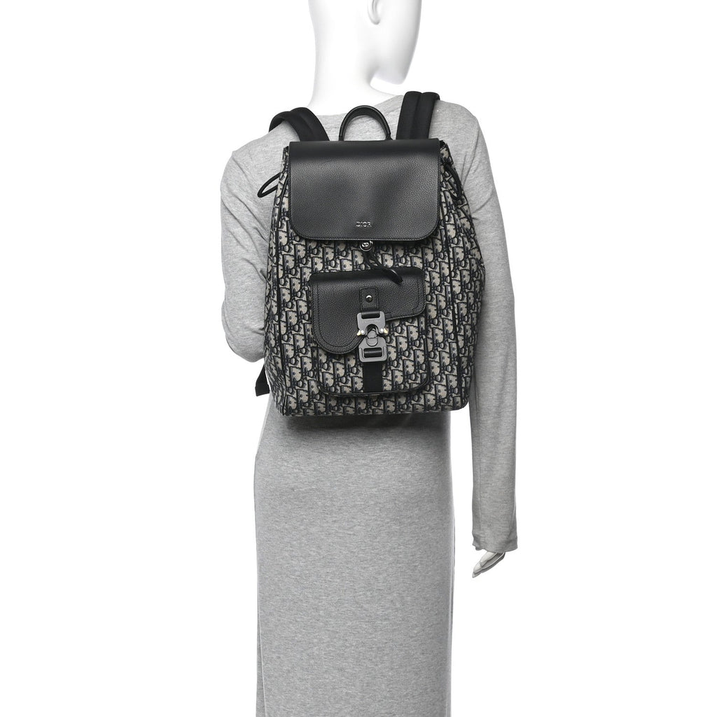 Oblique Jacquard Grained Calfskin Drawstring Saddle Backpack Beige Black