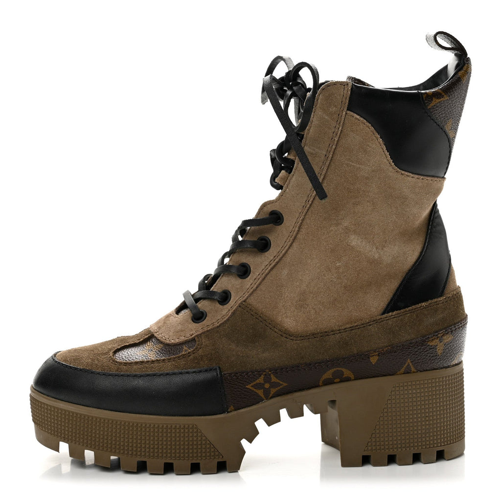 Suede Calfskin Monogram Laureate Platform Desert Boots 38 Taupe