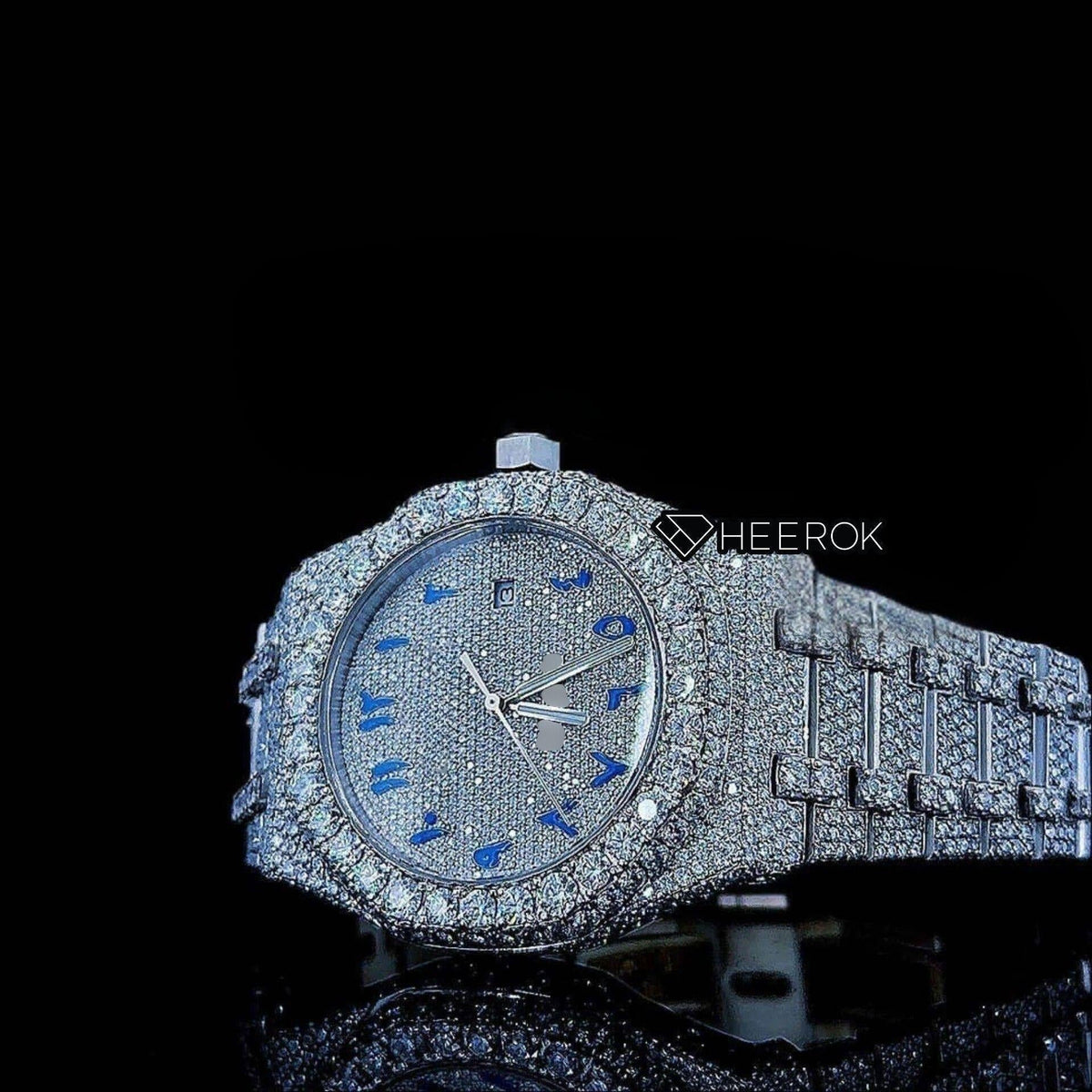 AP Royal Oak Fully Iced Out White Dial Blue Arabic Numerals Diamond Bezel Moissanite Diamond Bracelet