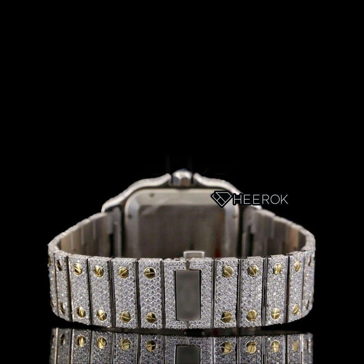 Cartier Santos Blue Dial Roman Numerals Diamond Bezel Two Tone Yellow Gold Fully Iced Moissanite Diamond