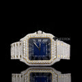 Cartier Santos Blue Dial Roman Numerals Diamond Bezel Two Tone Yellow Gold Fully Iced Moissanite Diamond