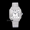 Cartier Santos White Dial Black Roman Numerals Diamond Bezel Fully Iced Moissanite Diamond Watch