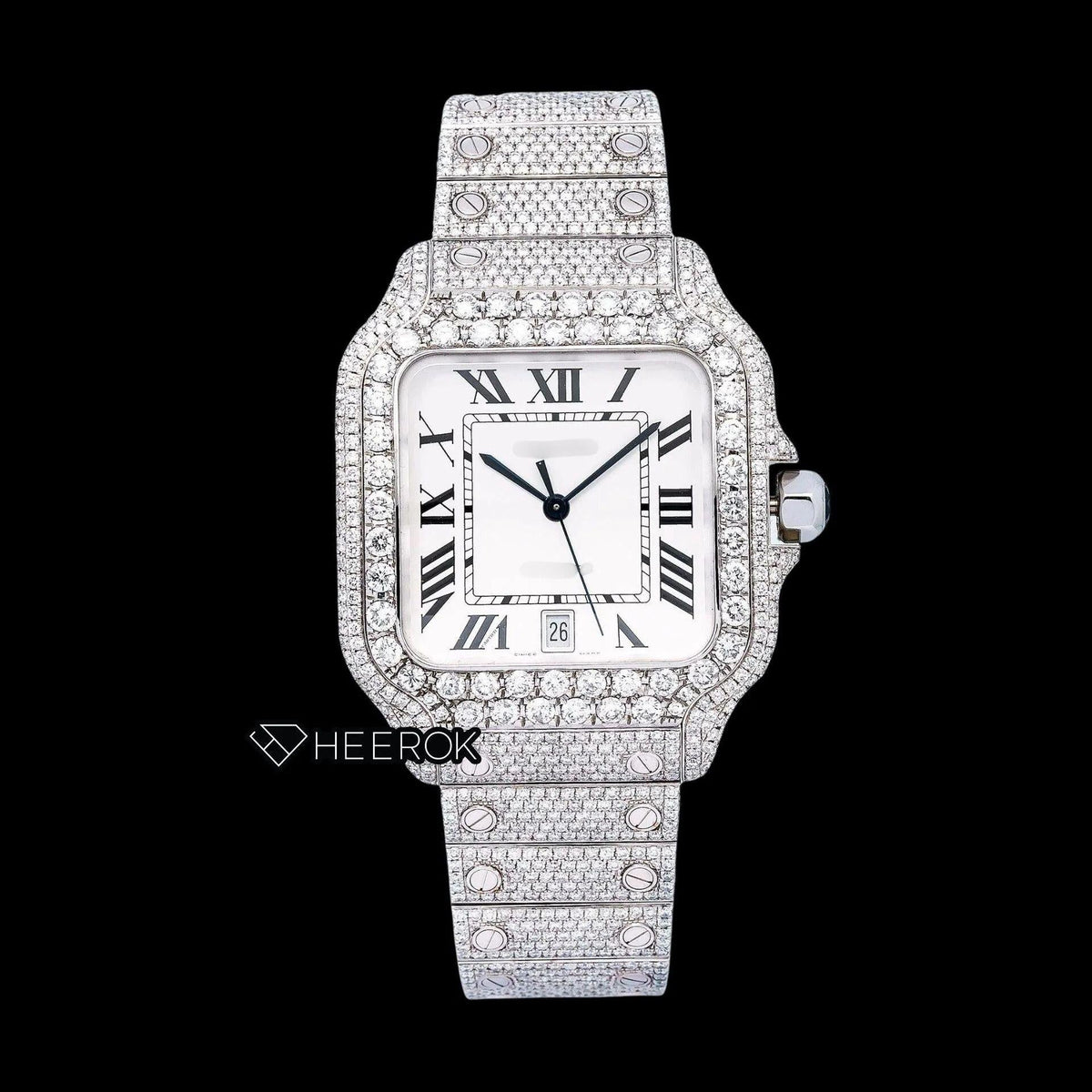 Cartier Santos White Dial Black Roman Numerals Diamond Bezel Fully Iced Moissanite Diamond Watch