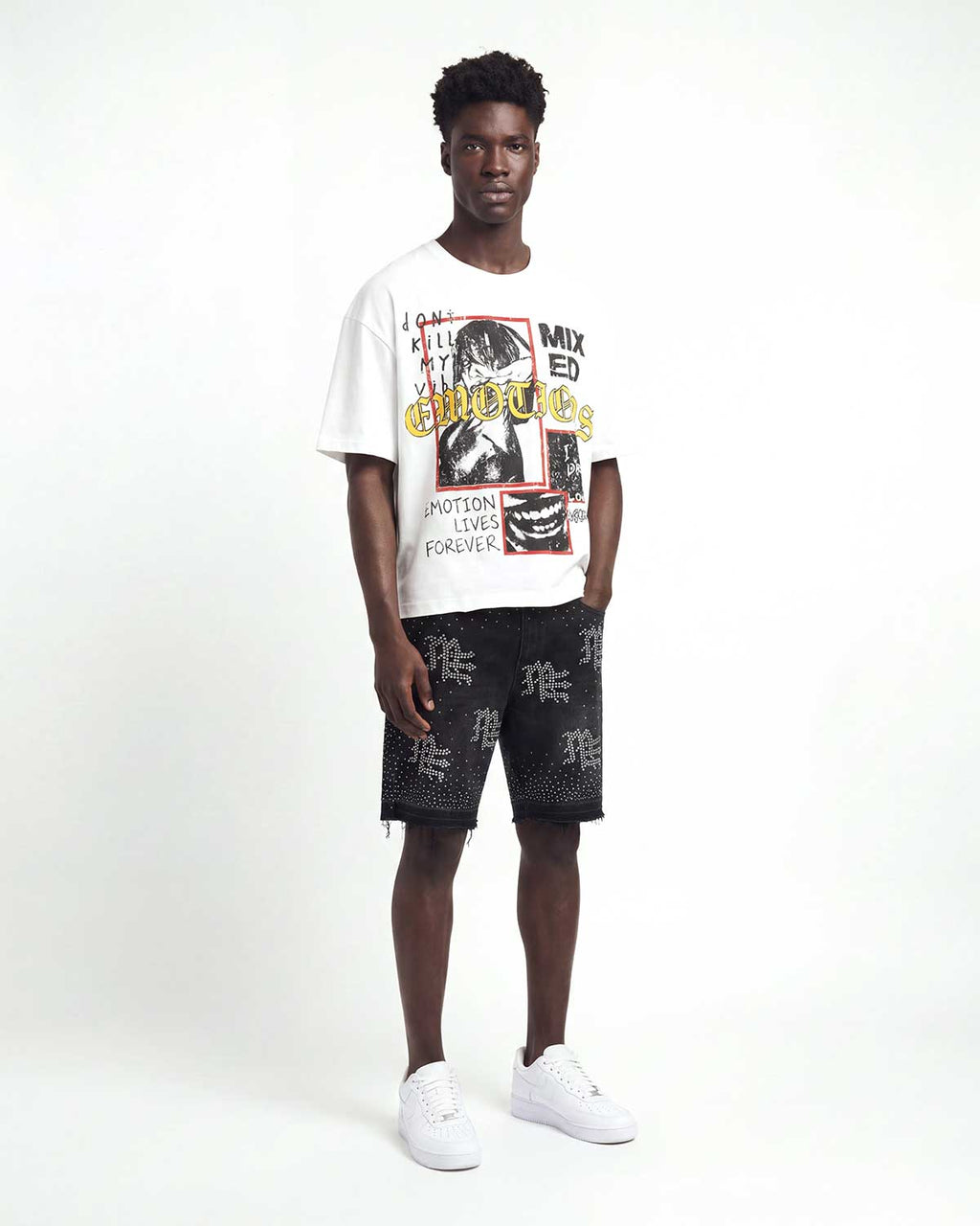 Mixed Emotions "ME" Rhinestone Denim Shorts Black