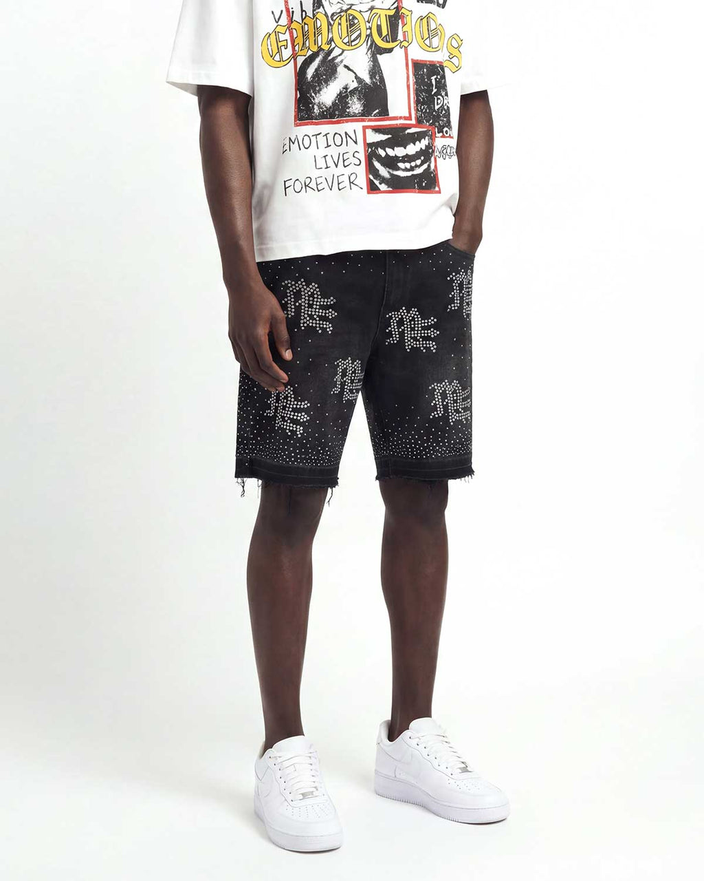 Mixed Emotions "ME" Rhinestone Denim Shorts Black