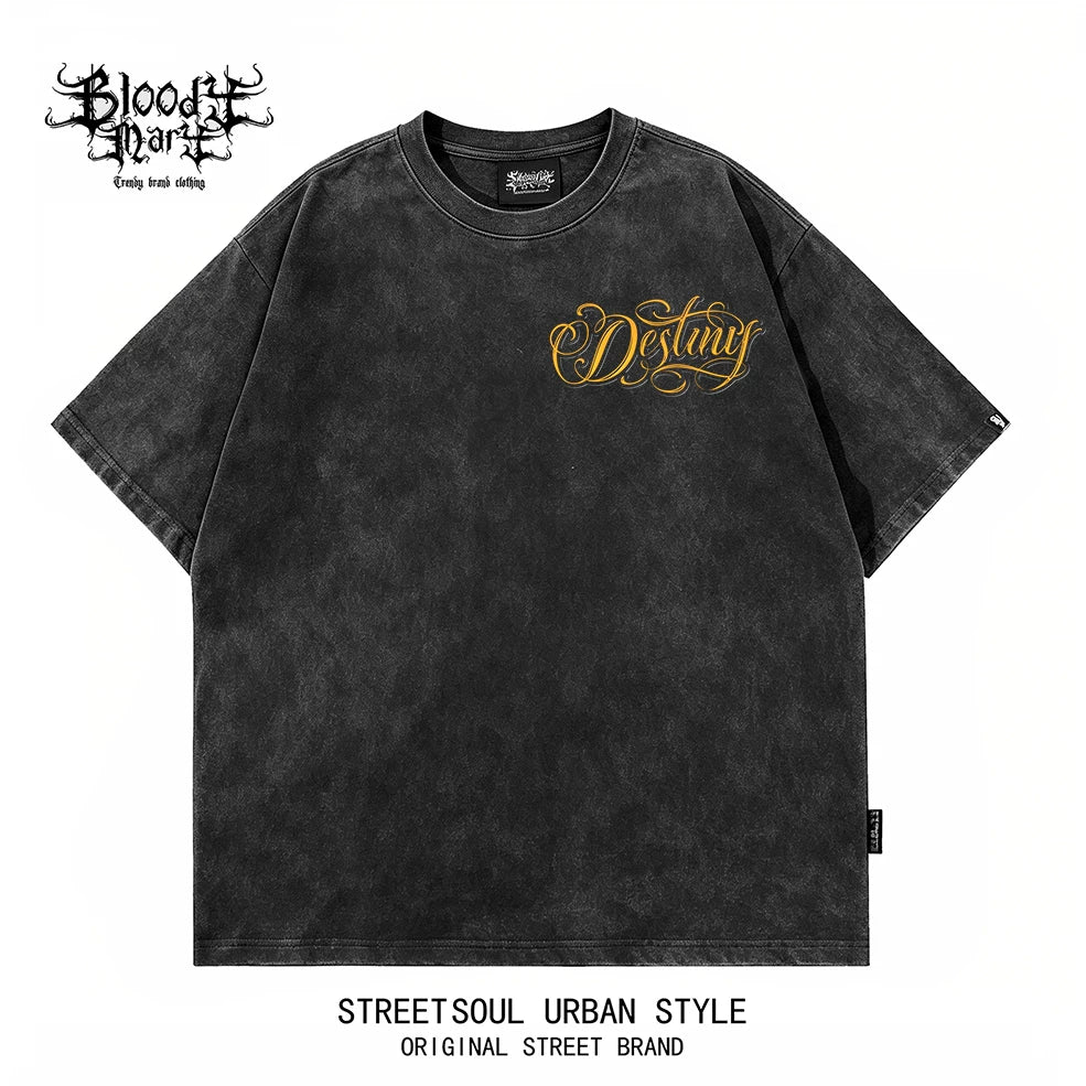 American hip-hop West Coast floral font black short sleeved T-shirt men's dark style print heavyweight pure cotton loose trendy brand