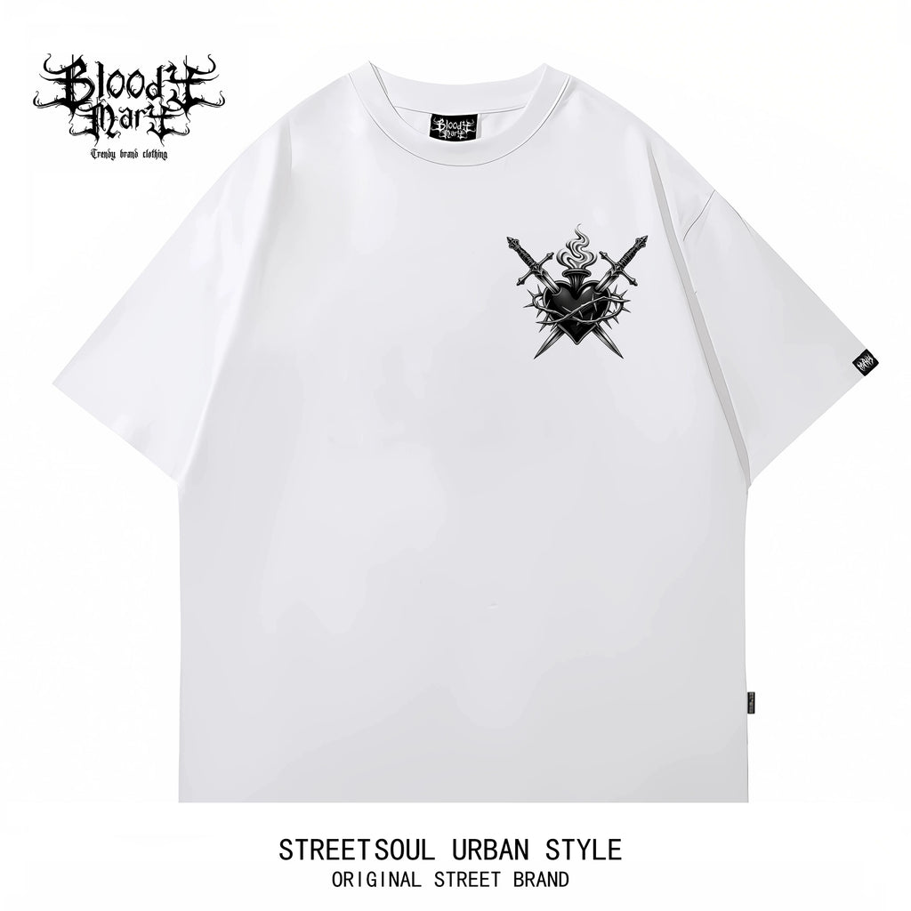 Original Trendy Black Short sleeved T-shirt for Men and Women, Loose Shoulder Printed Top, Dark Chicano Flower Font Ins Style