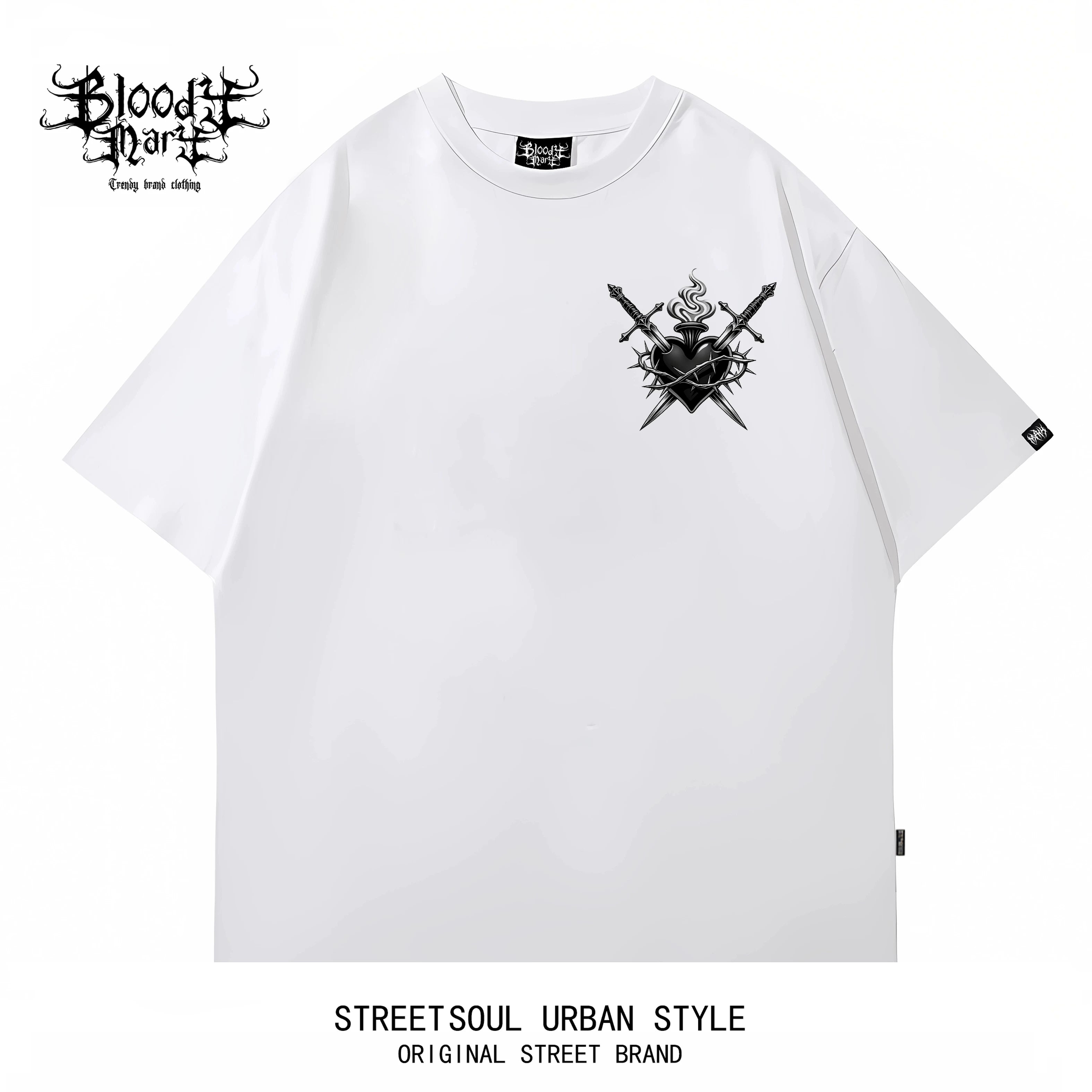 Original Trendy Black Short sleeved T-shirt for Men and Women, Loose Shoulder Printed Top, Dark Chicano Flower Font Ins Style