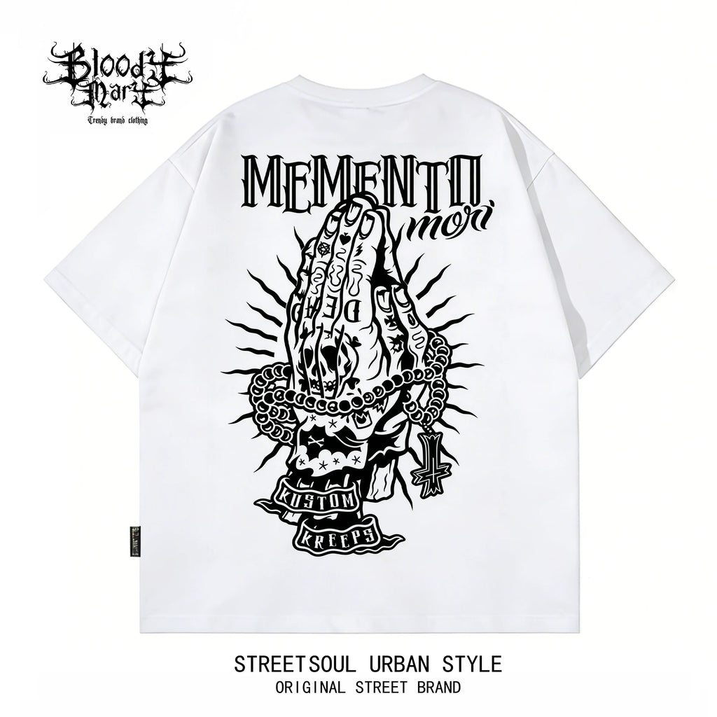 Chicano Black Short sleeved T-shirt with American Trendy Brand, Men's Printed Heavy duty Cotton Loose Top, West Coast Floral Font