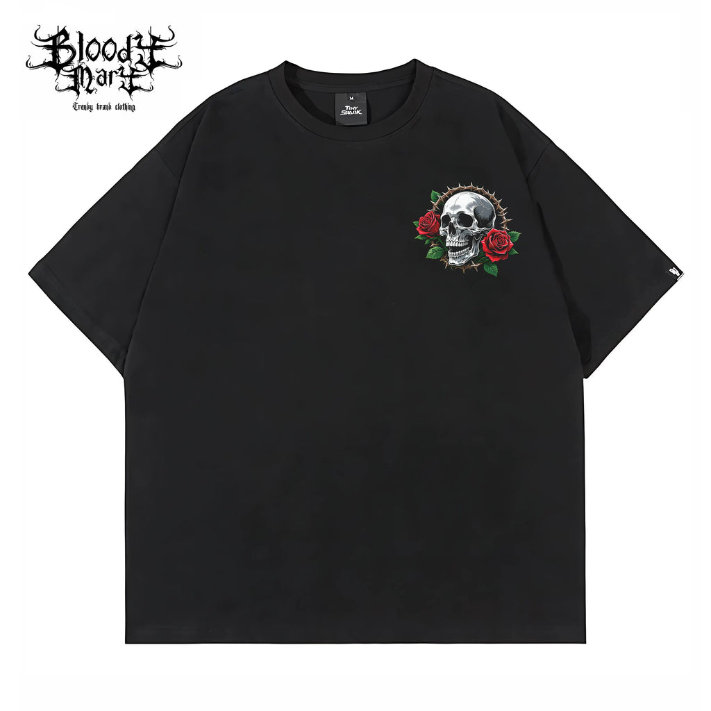 American street rose skeleton short sleeved loose pure cotton heavyweight niche hip-hop fashion brand tattoo artist T-shirt