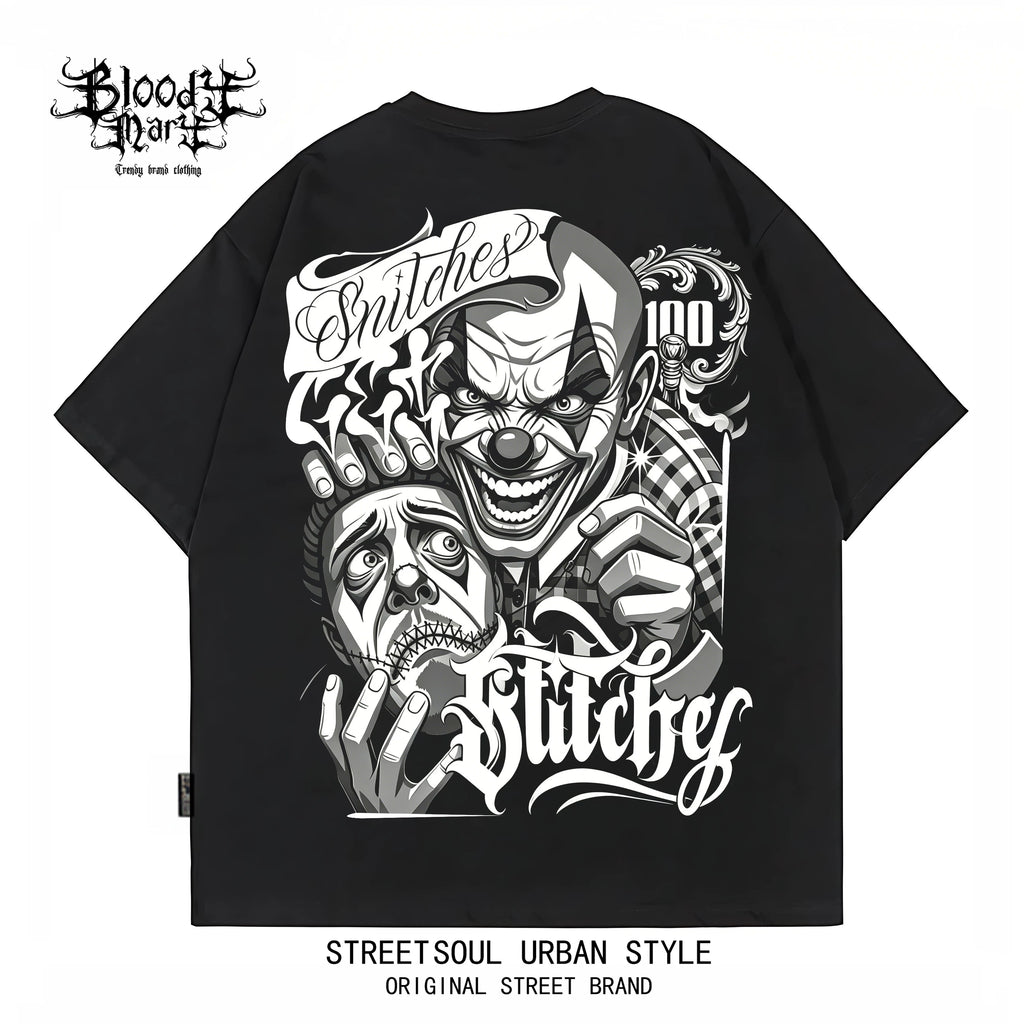 American hip-hop style West Coast Chicano clown print short sleeved T-shirt men's loose heavyweight pure cotton trendy brand top