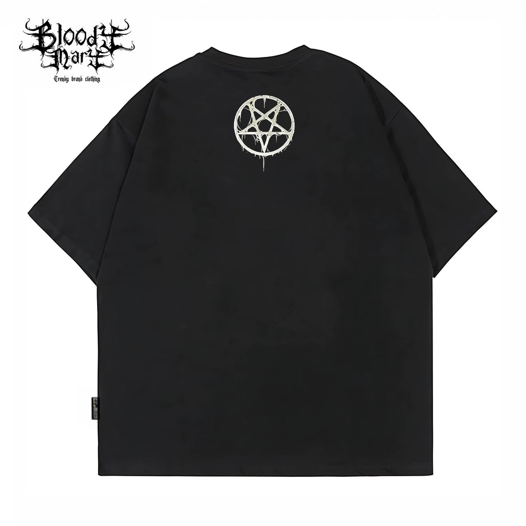 Original trendy retro rock style skull print short sleeved T-shirt black rock band top unisex