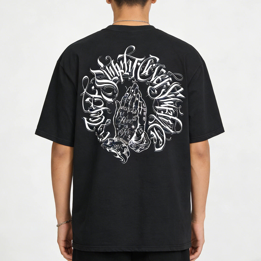 American West Coast Prayer Hand T-shirt with floral font circle, street dance tattoo artist, gangsters, heavyweight plus size hip-hop label