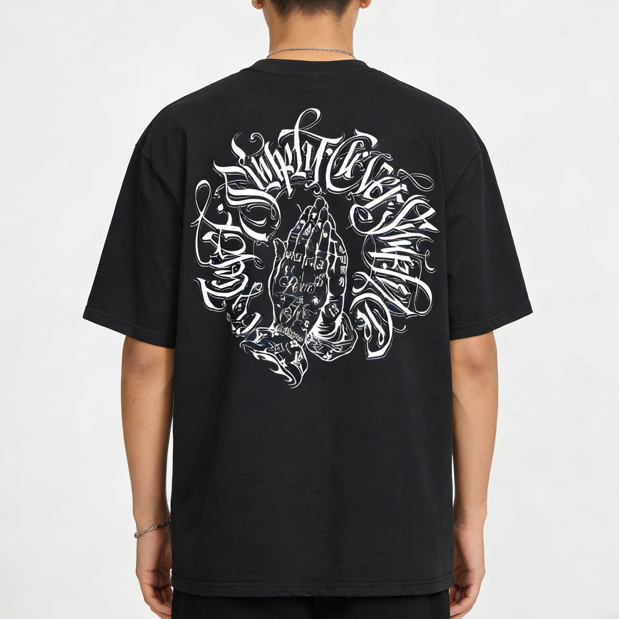 American West Coast Prayer Hand T-shirt with floral font circle, street dance tattoo artist, gangsters, heavyweight plus size hip-hop label