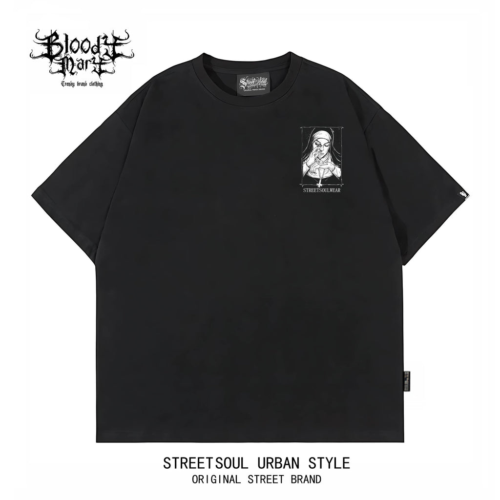 Trendy American retro dark style nun print short sleeved T-shirt for men and women, loose and heavyweight pure cotton high street style top