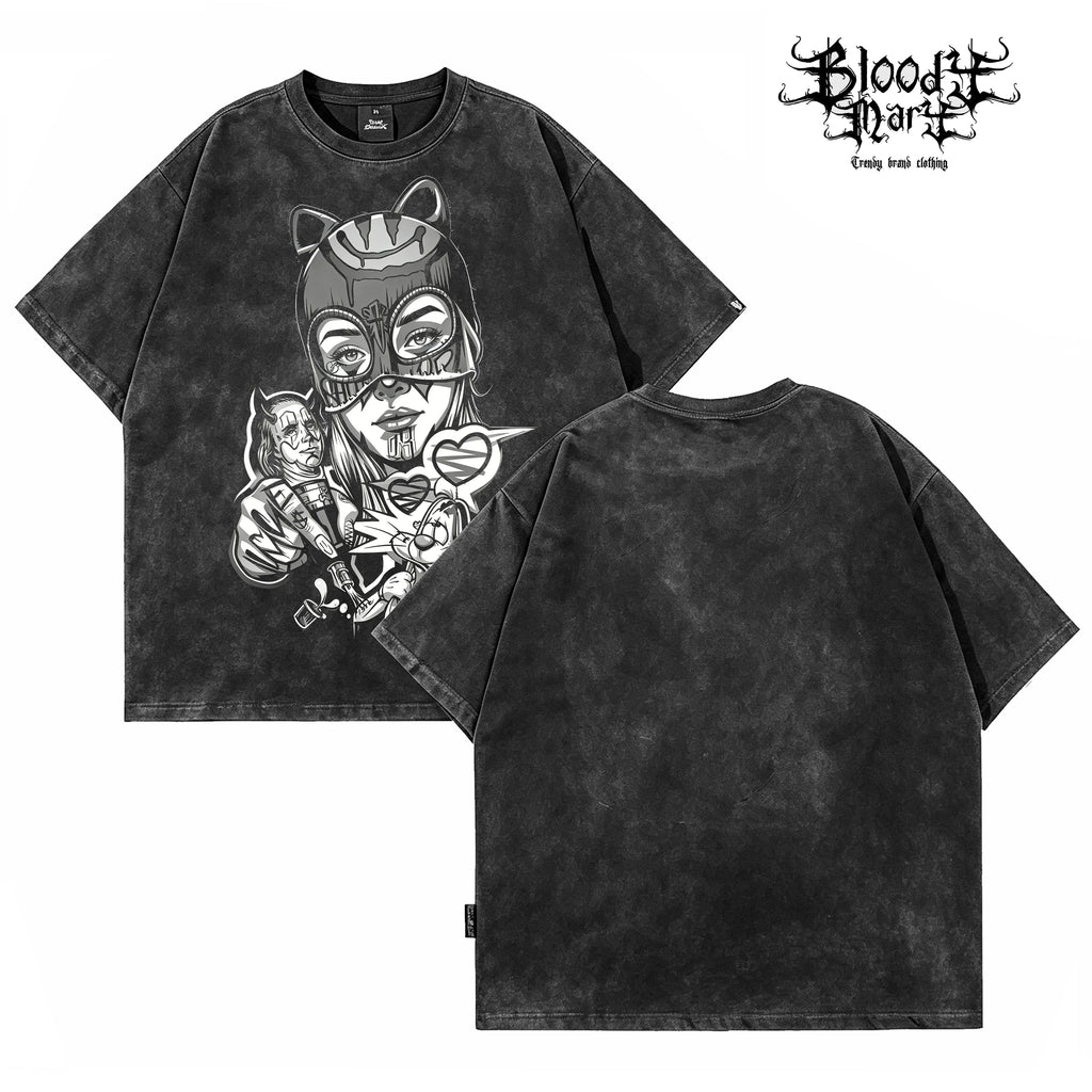 American street dark style anime printed short sleeved T-shirt for men, loose fitting, washed, vintage, trendy brand top