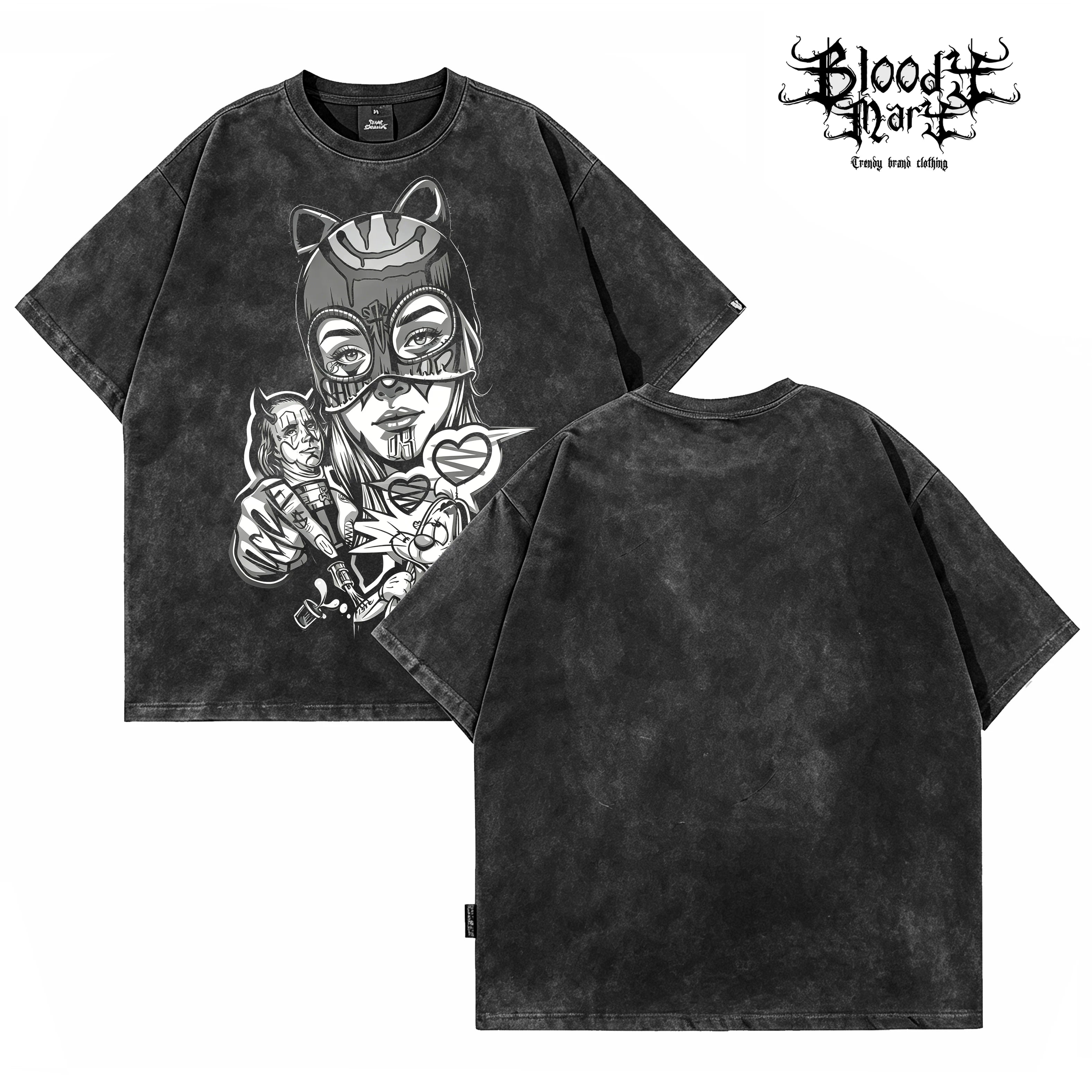 American street dark style anime printed short sleeved T-shirt for men, loose fitting, washed, vintage, trendy brand top