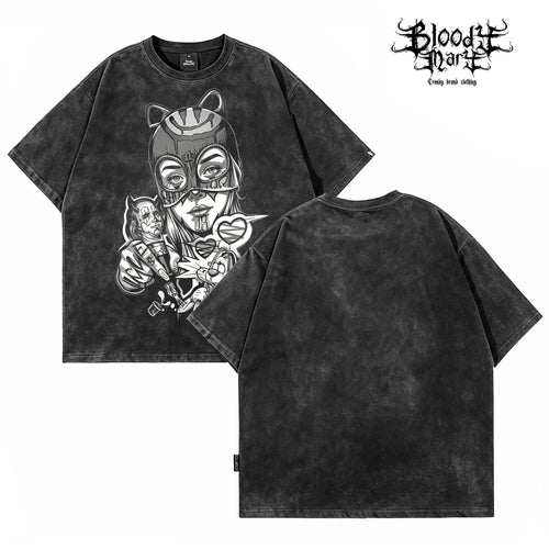 American street dark style anime printed short sleeved T-shirt for men, loose fitting, washed, vintage, trendy brand top