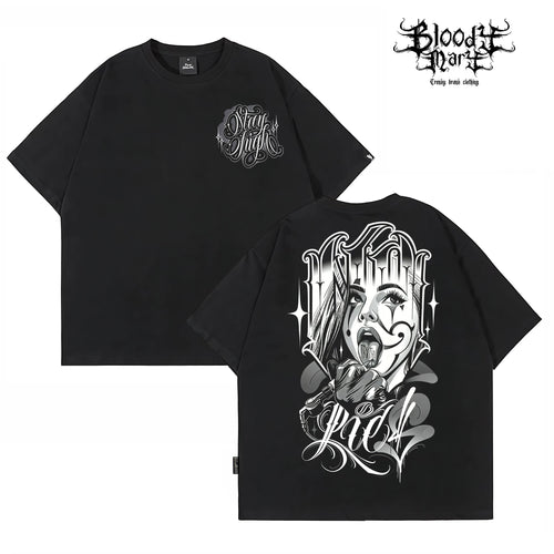 American street dark style floral font West Coast short sleeved T-shirt for men, loose and heavyweight, niche trendy printed top