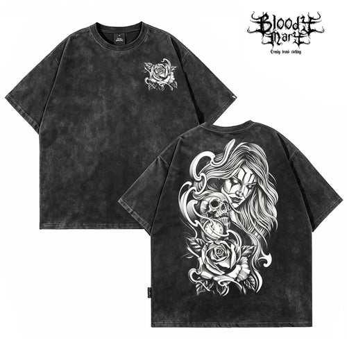 American hip-hop West Coast Chicano skeleton rose print short sleeved T-shirt men's loose dark trend brand top