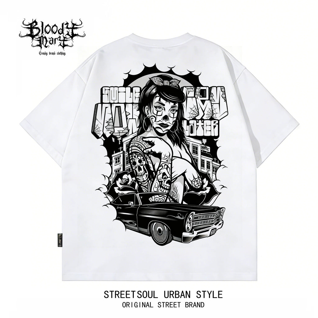 American Hip Hop Chicano Graffiti Flower Font Black Short Sleeve T-shirt Loose Heavy Cotton Rock Versatile Trendy Brand