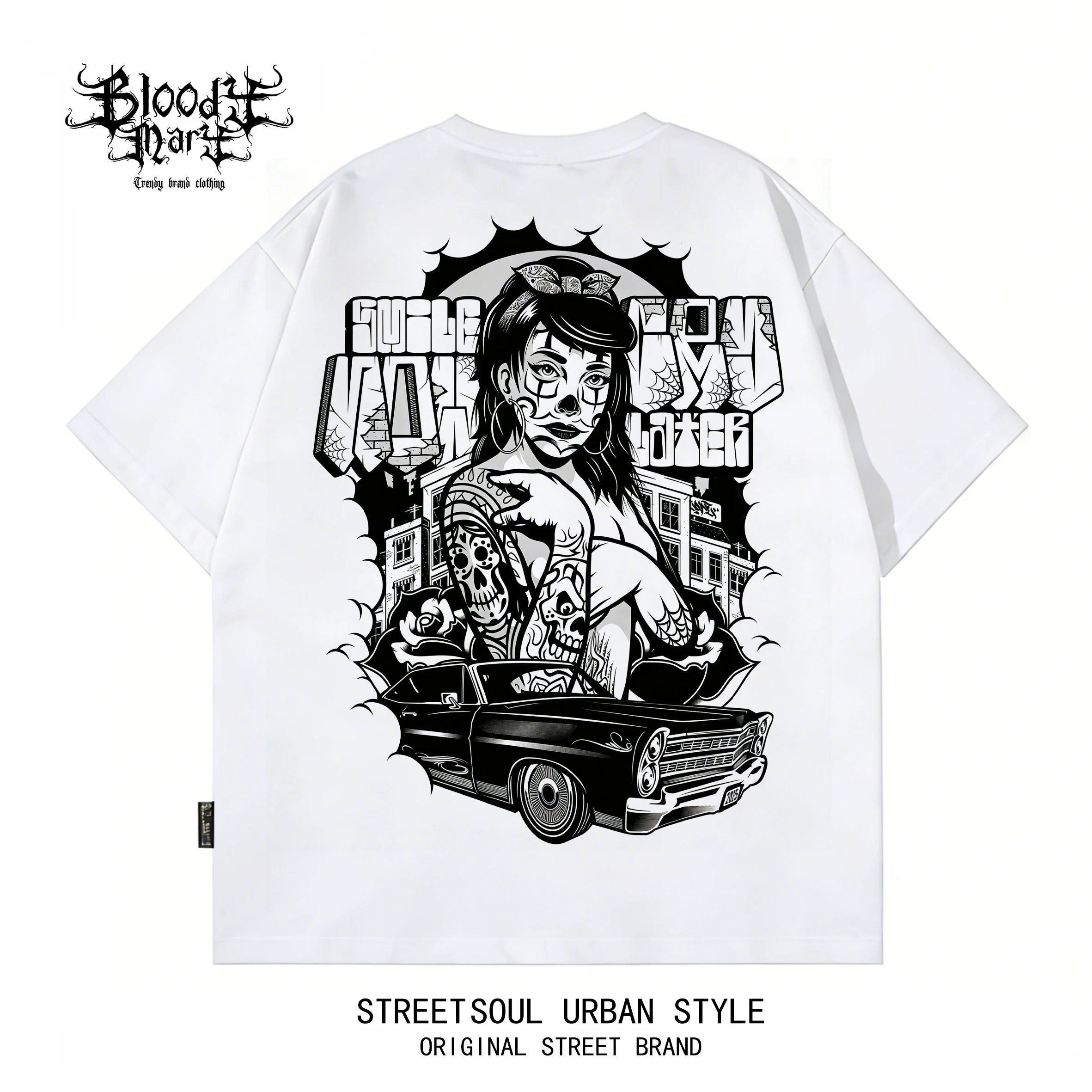 American Hip Hop Chicano Graffiti Flower Font Black Short Sleeve T-shirt Loose Heavy Cotton Rock Versatile Trendy Brand