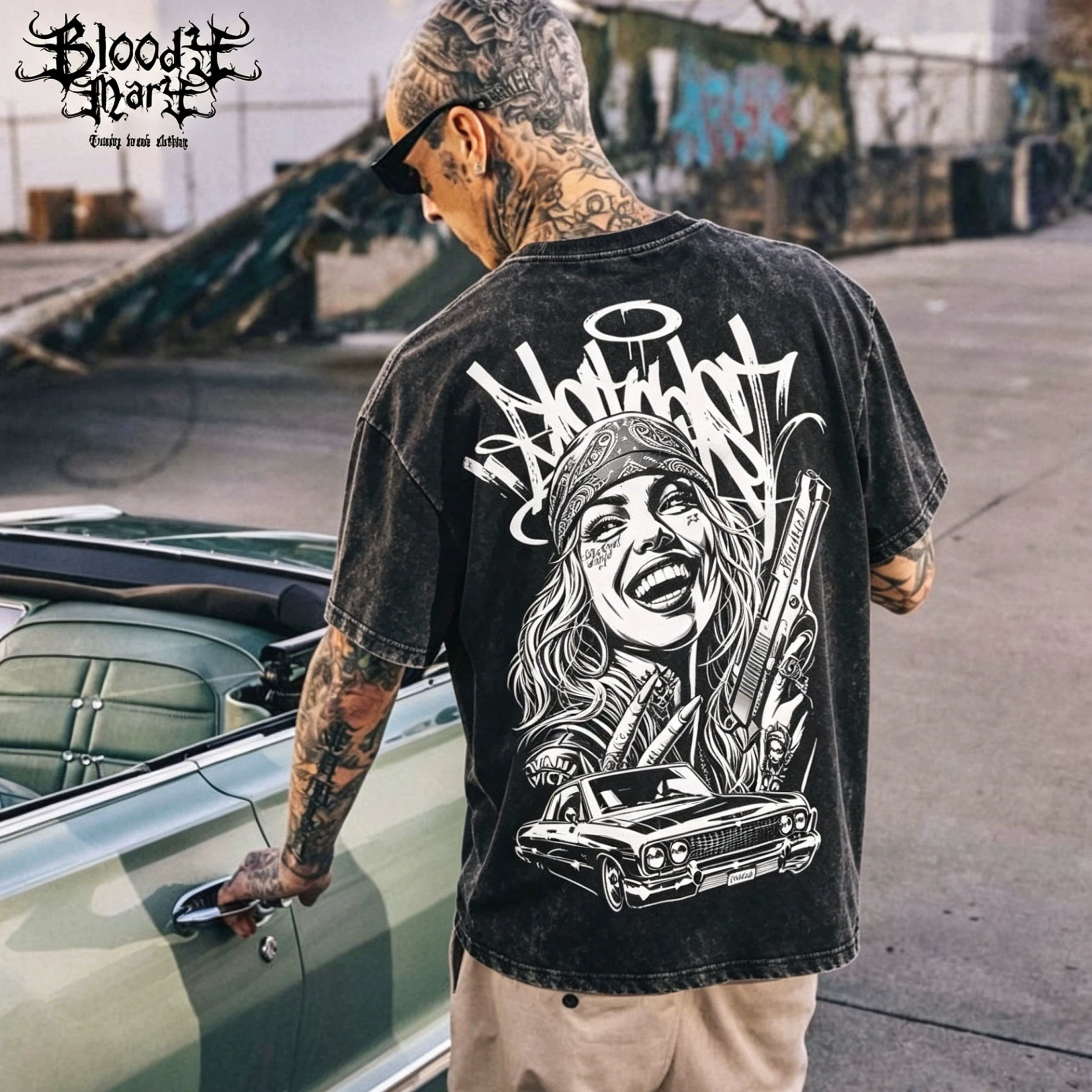 American street dark style printed short sleeved T-shirt for men, loose and heavyweight, niche trendy brand, vintage top, rugged and handsome, shoulder down