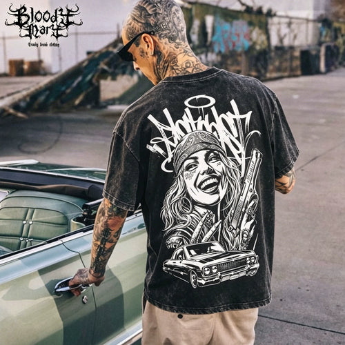 American street dark style printed short sleeved T-shirt for men, loose and heavyweight, niche trendy brand, vintage top, rugged and handsome, shoulder down