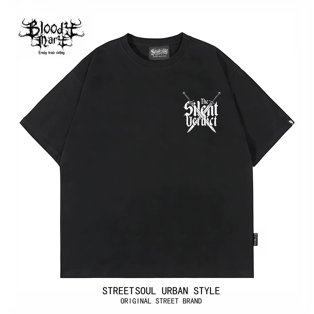 Trendy American Retro Gothic Flower Font Short sleeved T-shirt for Men and Women, Loose Black Print, Trendy High Street