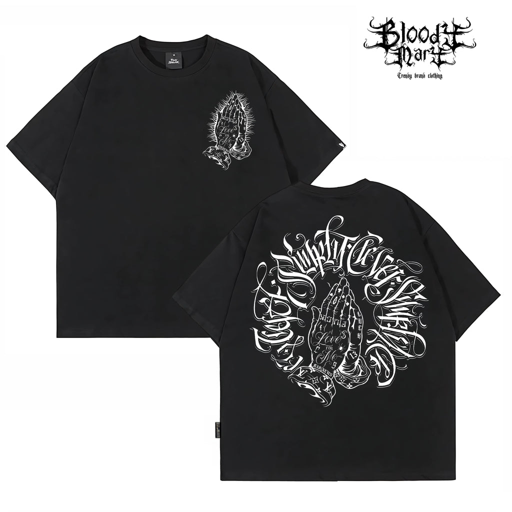 American West Coast Prayer Hand T-shirt with floral font circle, street dance tattoo artist, gangsters, heavyweight plus size hip-hop label